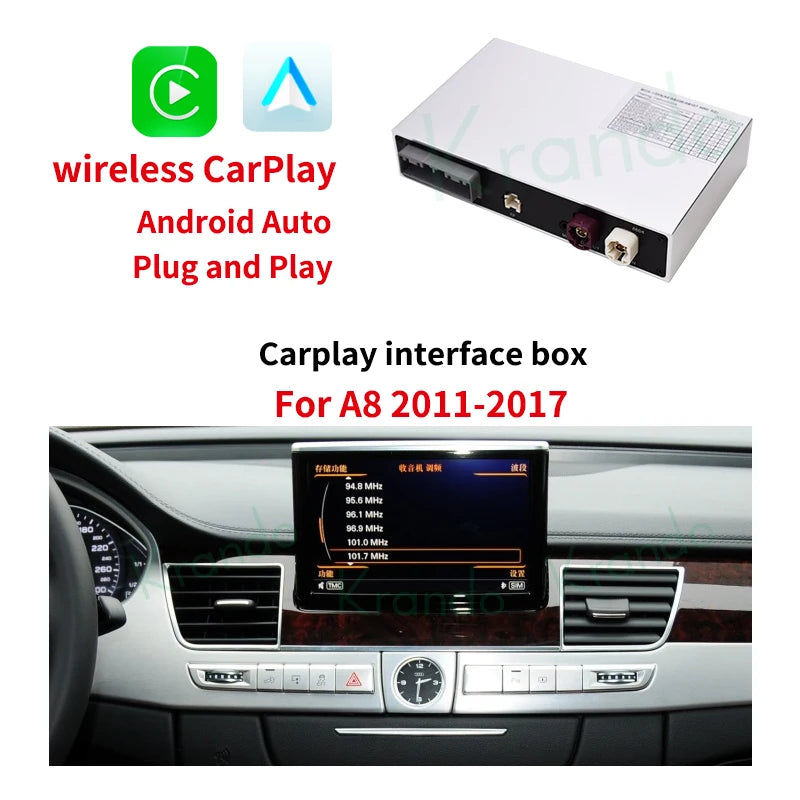 Krando Android Auto Wireless CarPlay Interface module Box For Audi A8 2010 - 2017 MMI 3G Upgrade BT Siri Control camera active