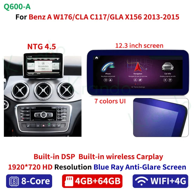 Krando 12.3" android car Radio gps stereo For Mercedes-Benz A W176 CLA C117 GLA X156 2012-2018 NTG 4.5 5.0 head unit navigation multimedia system carplay android auto 4g sim card