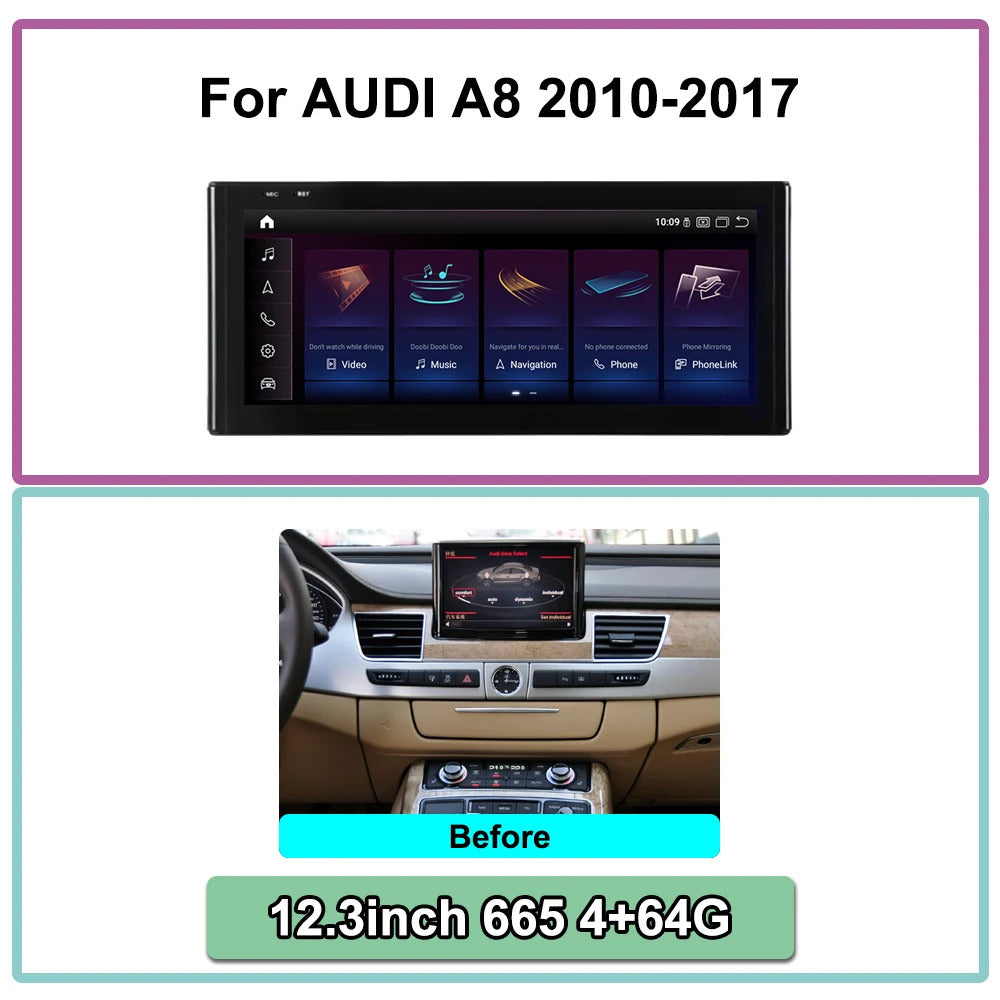 Krando 12.3 Inch Android Auto Radio Screen For AUDI A8 2010-2017 CarPlay HD Touch Screen Head