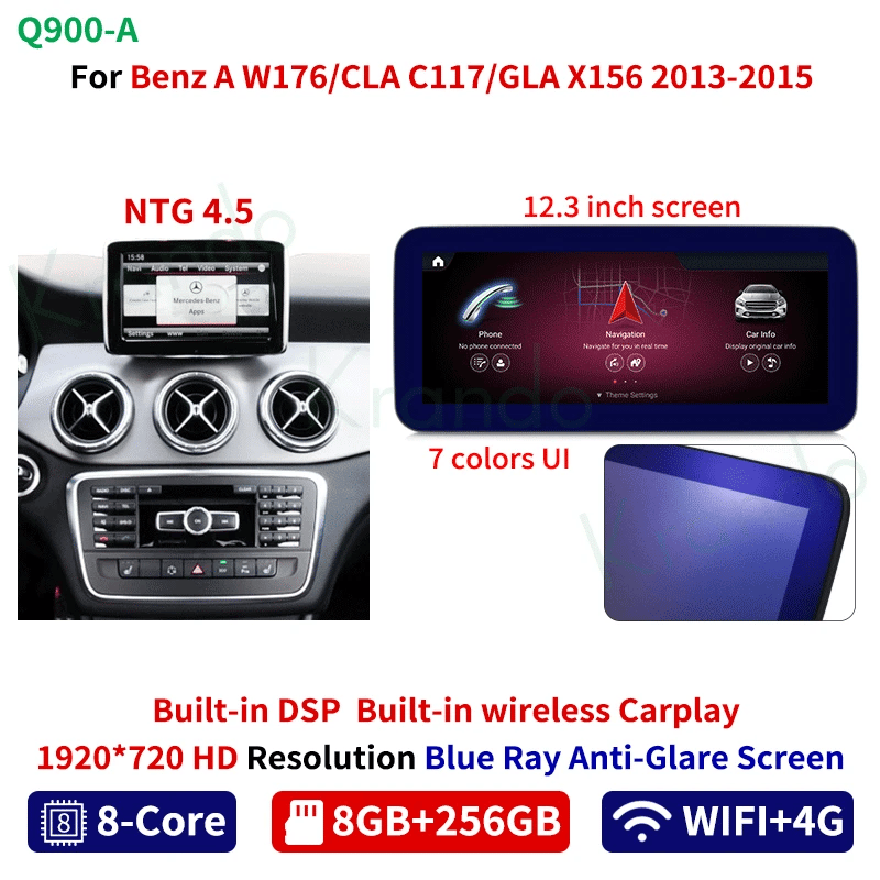 Krando 12.3" android car Radio gps stereo For Mercedes-Benz A W176 CLA C117 GLA X156 2012-2018 NTG 4.5 5.0 head unit navigation multimedia system carplay android auto 4g sim card