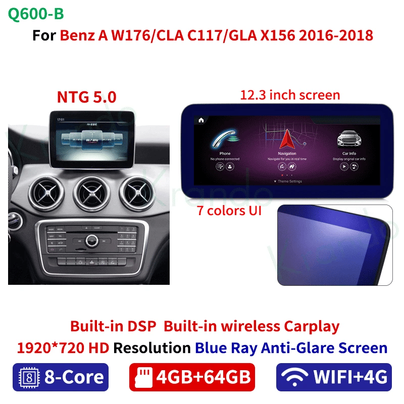 Krando 12.3" android car Radio gps stereo For Mercedes-Benz A W176 CLA C117 GLA X156 2012-2018 NTG 4.5 5.0 head unit navigation multimedia system carplay android auto 4g sim card