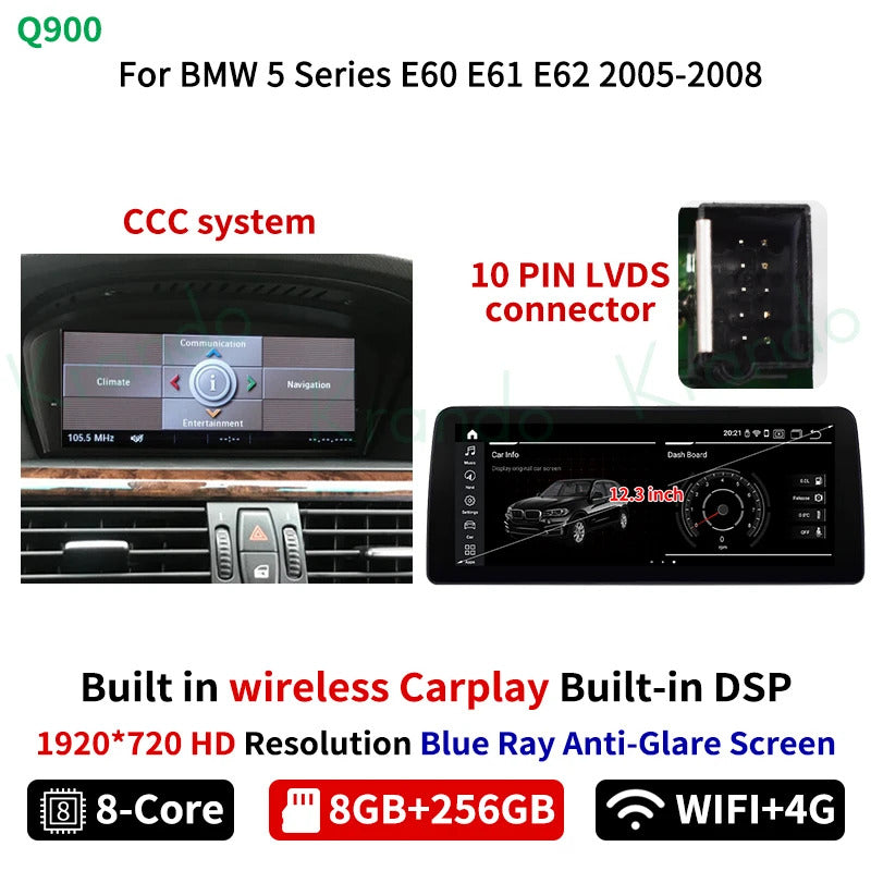 Krando 12.3'' Android Auto GPS Navigation Car Radio For BMW 5 Series E60 2005-2012 DVD Video Player Stereo Auto GPS Navigation