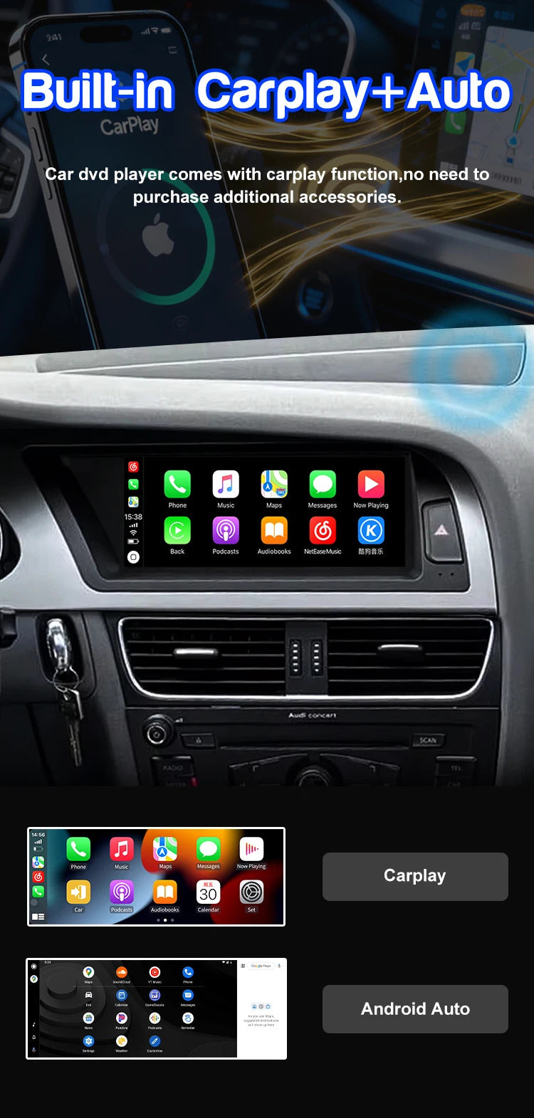 Krando 8.8 Inch Auto NBT Android System For AUDI A4/A4L 2004-2012 GPS Navigation CarPlay HD Touch Screen Head