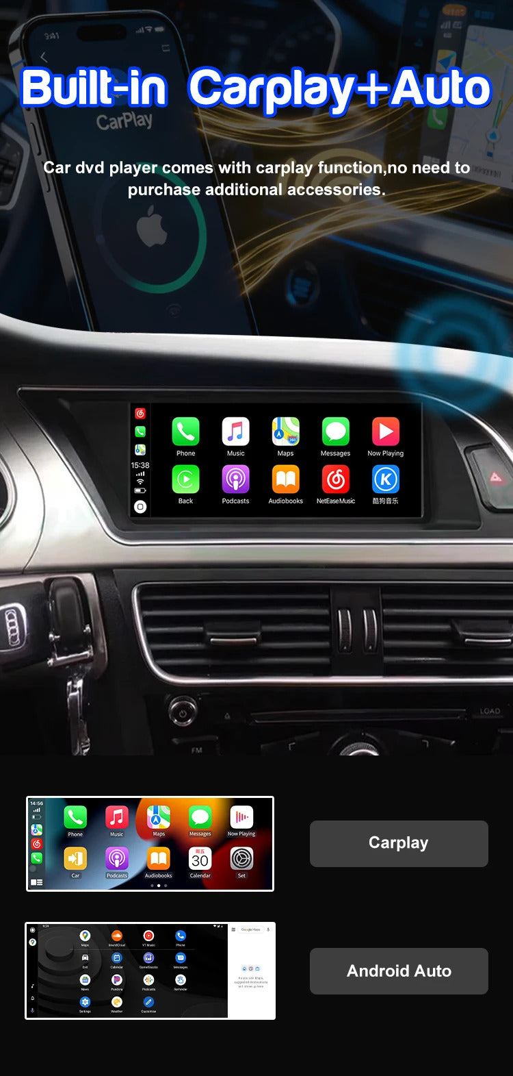 Krando 8.8 Inch DVD Multimedia Player For AUDI A4/A4L/A5 2013-2016 GPS Navigation CarPlay HD Touch Screen Head