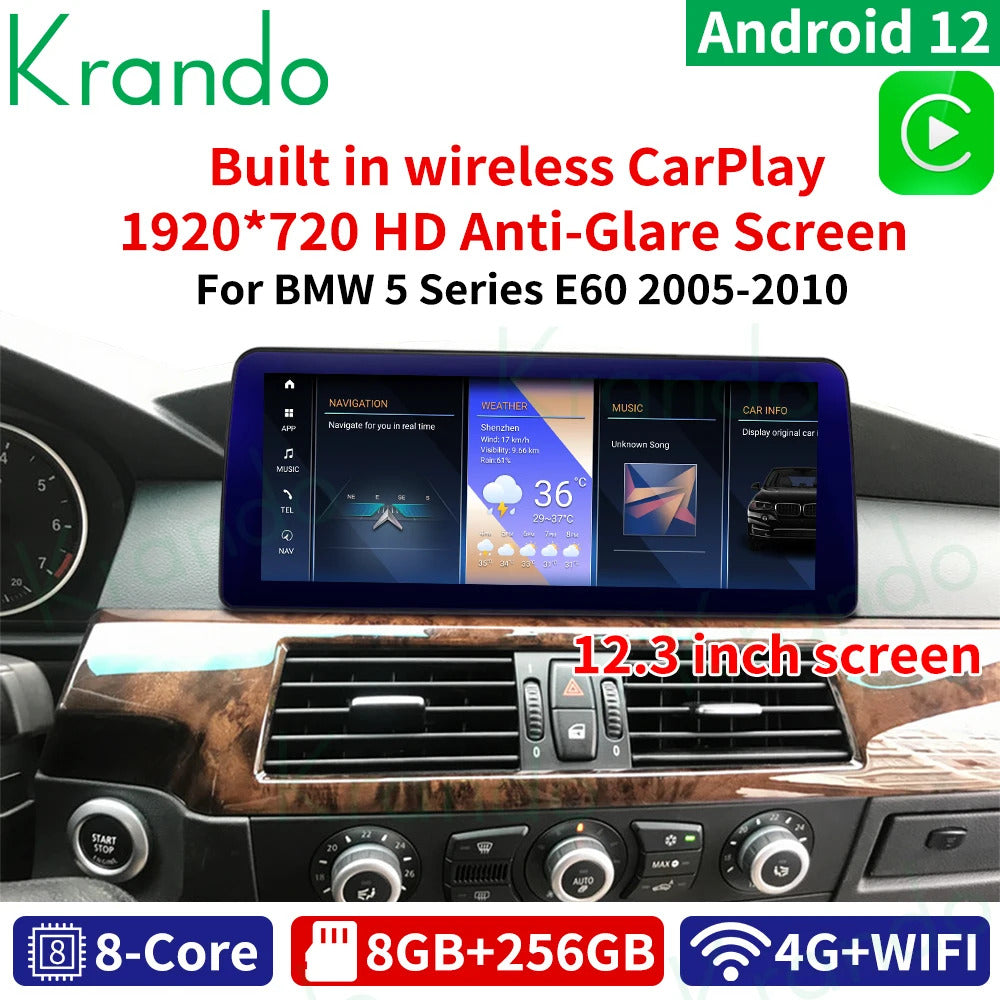 Krando 12.3'' Android Auto GPS Navigation Car Radio For BMW 5 Series E60 2005-2012 DVD Video Player Stereo Auto GPS Navigation