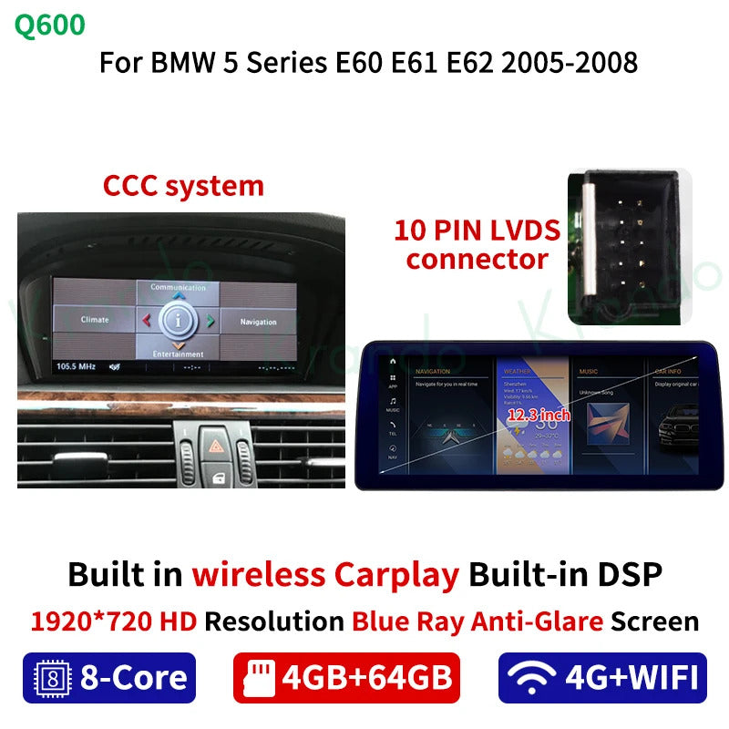 Krando 12.3'' Android Auto GPS Navigation Car Radio For BMW 5 Series E60 2005-2012 DVD Video Player Stereo Auto GPS Navigation
