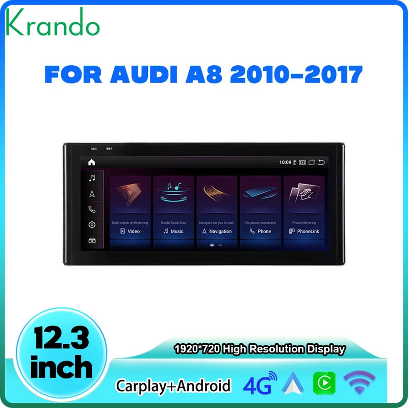 Krando 12.3 Inch Android Auto Radio Screen For AUDI A8 2010-2017 CarPlay HD Touch Screen Head