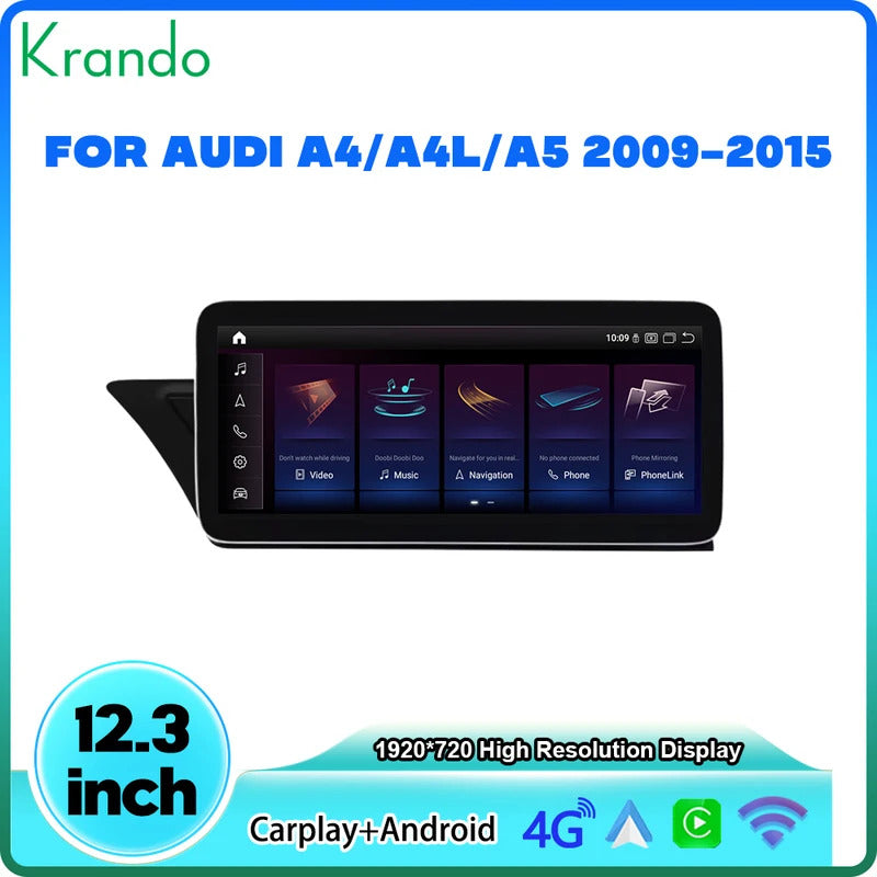 Krando 12.3 inch Auto Stereo Autoradio CarPlay Bluetooth For AUDI A4/A4L/A5 2009-2015 Car Radio Multimedia Player WIFI