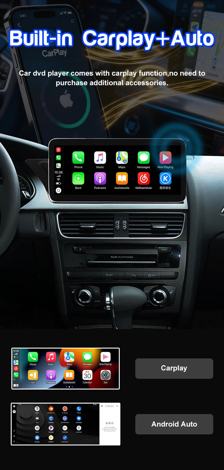 Krando 12.3'' Car Radio For AUDI A4/A4L/A5 2009-2015 Wireless CarPlay Android Auto Multimedia Player display GPS Head Unit