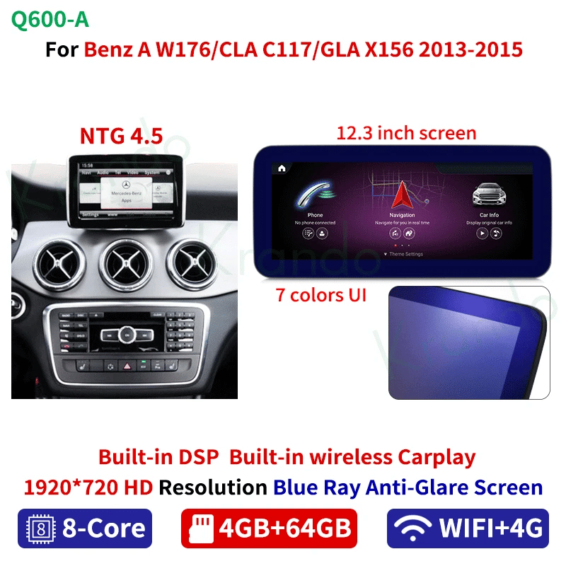 Krando 12.3" android car Radio gps stereo For Mercedes-Benz A W176 CLA C117 GLA X156 2012-2018 NTG 4.5 5.0 head unit navigation multimedia system carplay android auto 4g sim card