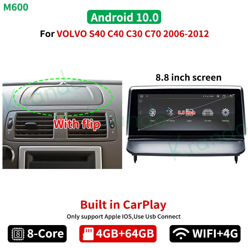 Krando Android car radio GPS Stereo For VOLVO S40 C40 C30 C70 V50 2006 - 2012 navigation multimedia system head unit carplay android auto 4g sim card