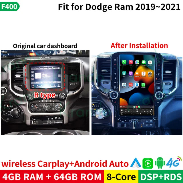 Krando 13.6" android verticial screen multimedia player for dodge ram 2019 2020 2021 car radio gps stereo navigation system carplay head unit android auto 4g sim