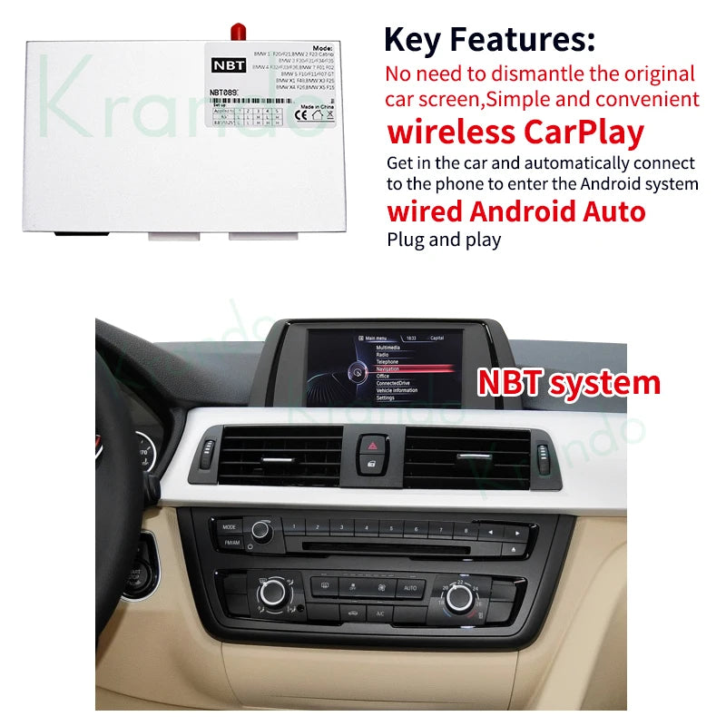 Krando Wireless android auto Apple CarPlay Interface module For BMW 1 Series F20 E87 2 Series F22 3 Series F30 4 Series F32 F36 NBT EVO upgrade box