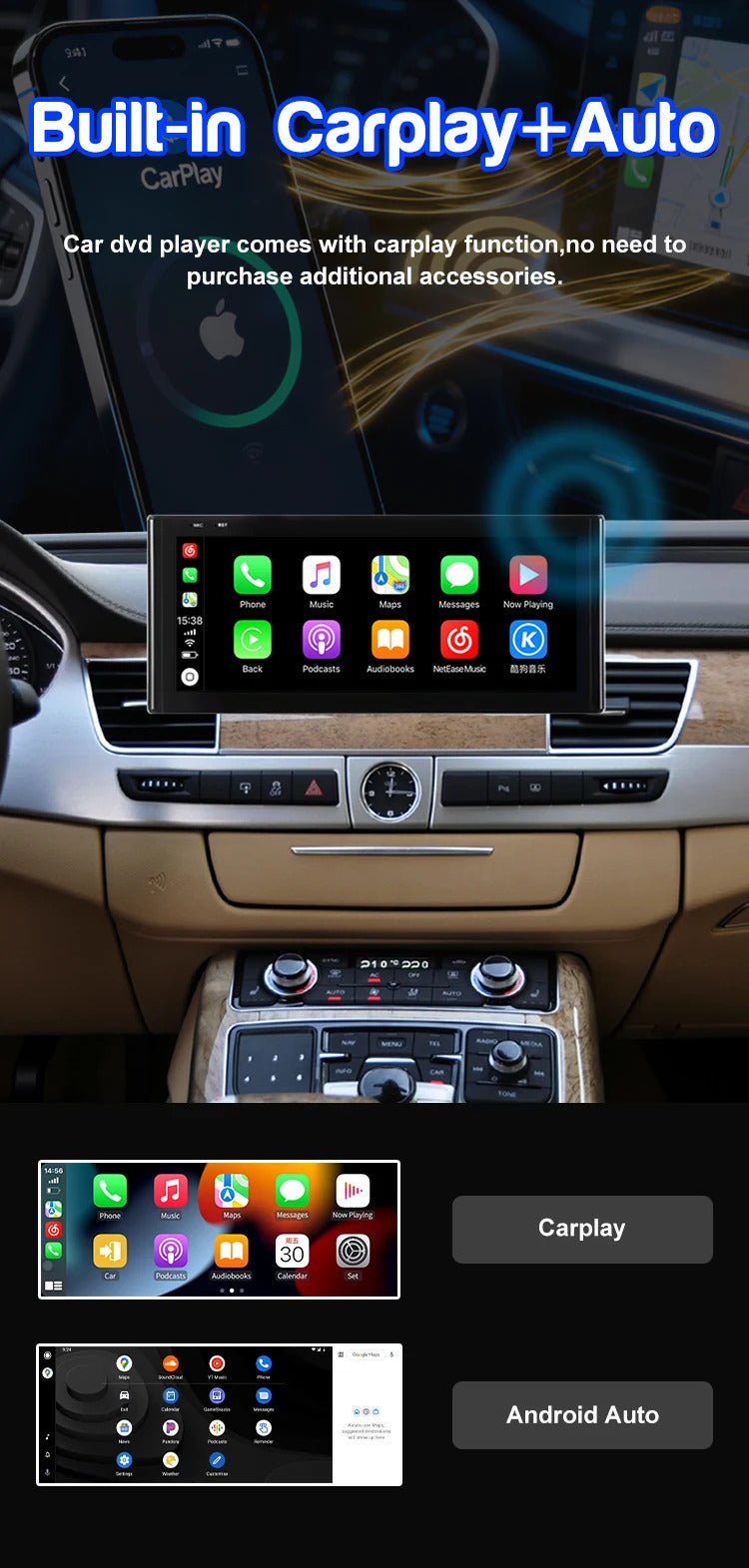 Krando 12.3 Inch Android Auto Radio  Screen For AUDI A8 2010-2017 CarPlay HD Touch Screen Head