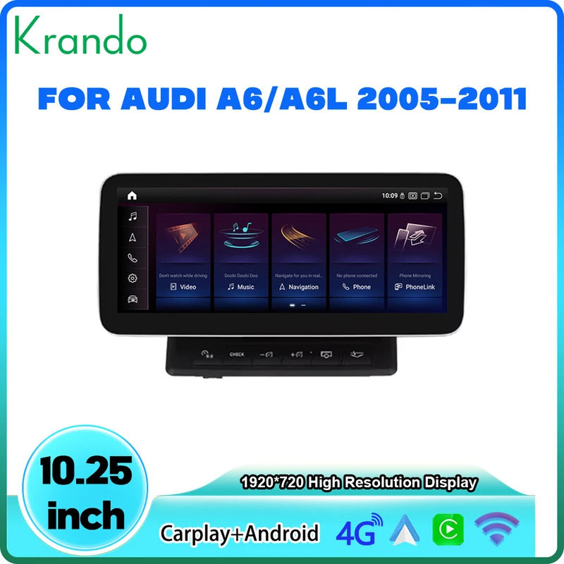 Krando 10.25 Inch DVD Auto Carplay Android Auto Radio For AUDI A6 A6L 2005-2011 CarPlay HD Touch Screen Head