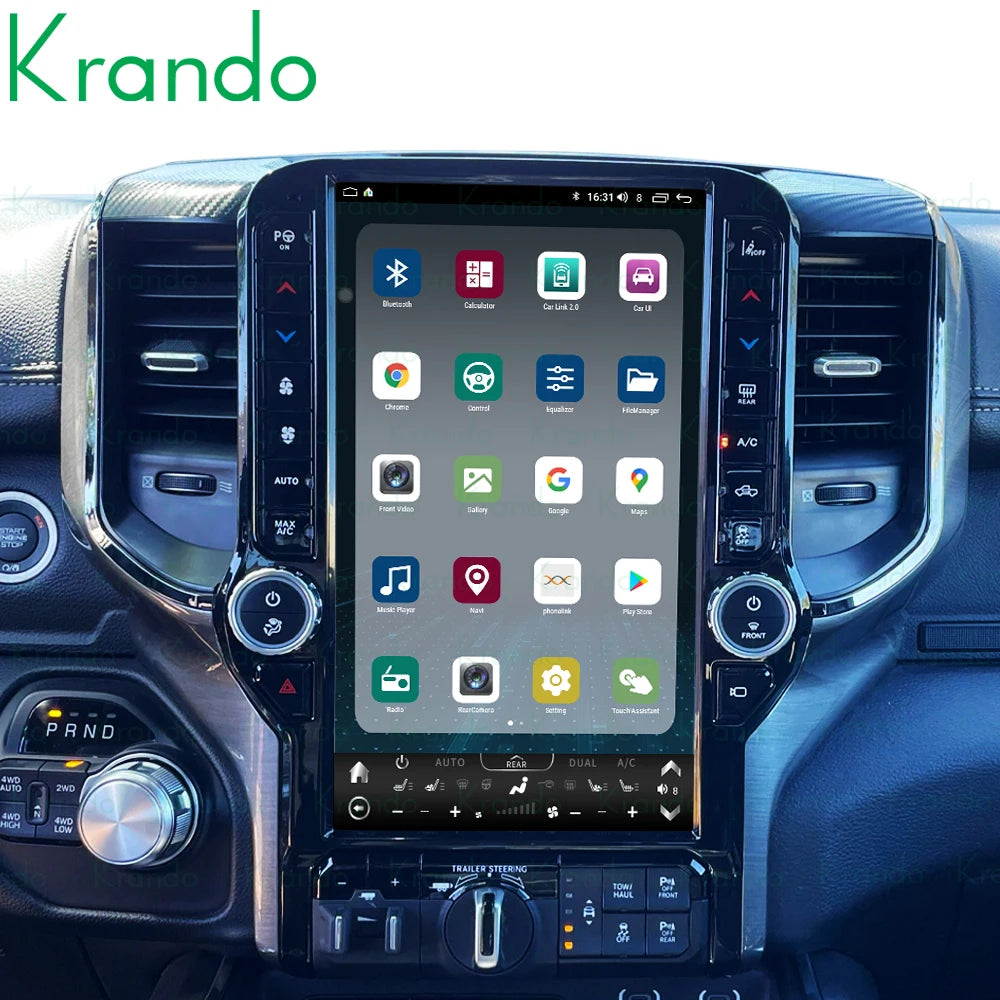 Krando 13.6" android verticial screen multimedia player for dodge ram 2019 2020 2021 car radio gps stereo navigation system carplay head unit android auto 4g sim