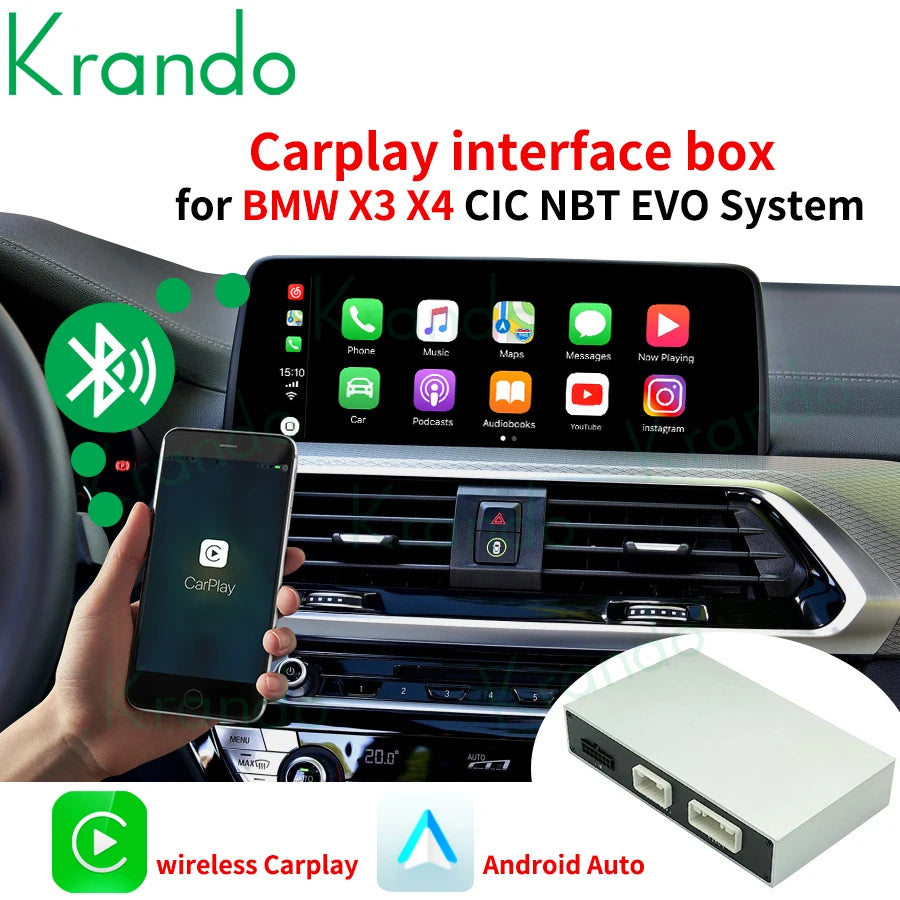 Krando Wireless Android Auto Apple CarPlay Interface module For BMW X3 F25 X4 F26 G01 G02 CIC NBT EVO 2011-2020 Siri bt camera active upgrade box