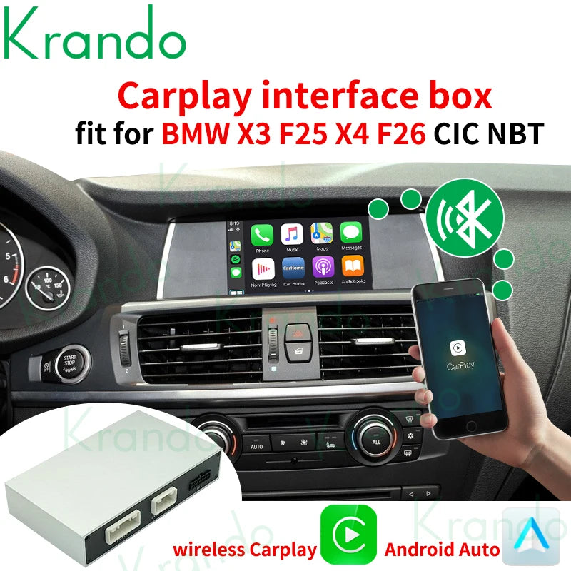 Krando Wireless Android Auto Apple CarPlay Interface module For BMW X3 F25 X4 F26 G01 G02 CIC NBT EVO 2011-2020 Siri bt camera active upgrade box