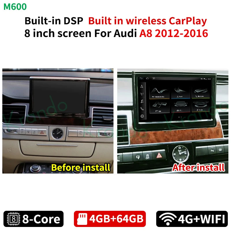 Krando 8'' Android car radio gps stereo For Audi A8 A8L D4 2012 - 2016 head unit navigation multimedia system carplay android auto 4g sim oem style