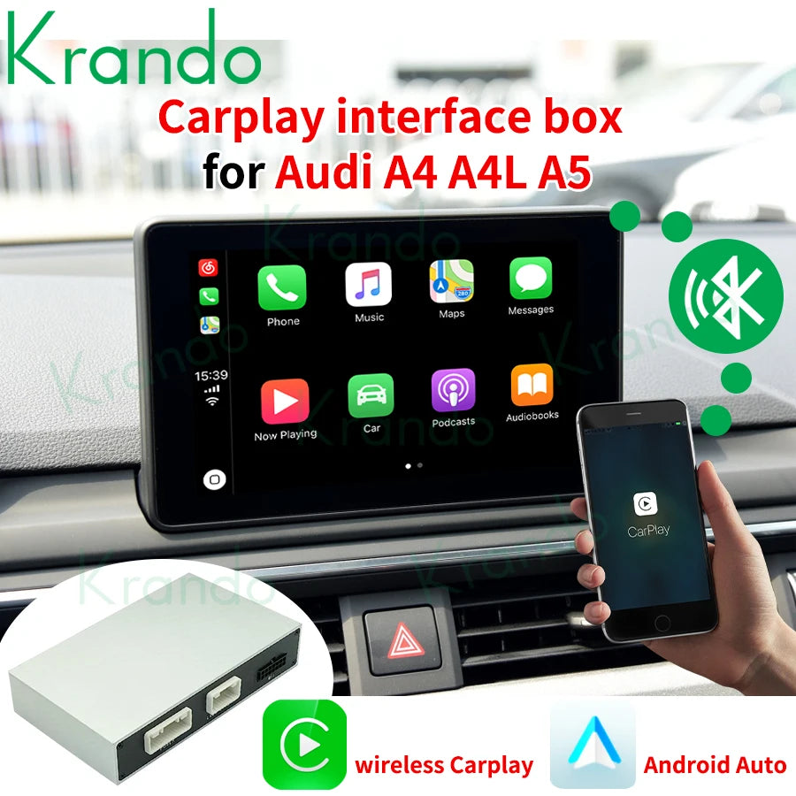 Krando Wireless android auto apple CarPlay interface Module For Audi A4 A4L A5 S4 B8 B9 2009 - 2020 MMI 3G 2G rear camera upgrade box