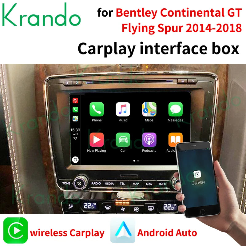 Krando Wireless Android Auto Apple CarPlay Interface module For Bentley Continental GT Flying Spur 2014-2018 camera active Upgrade box