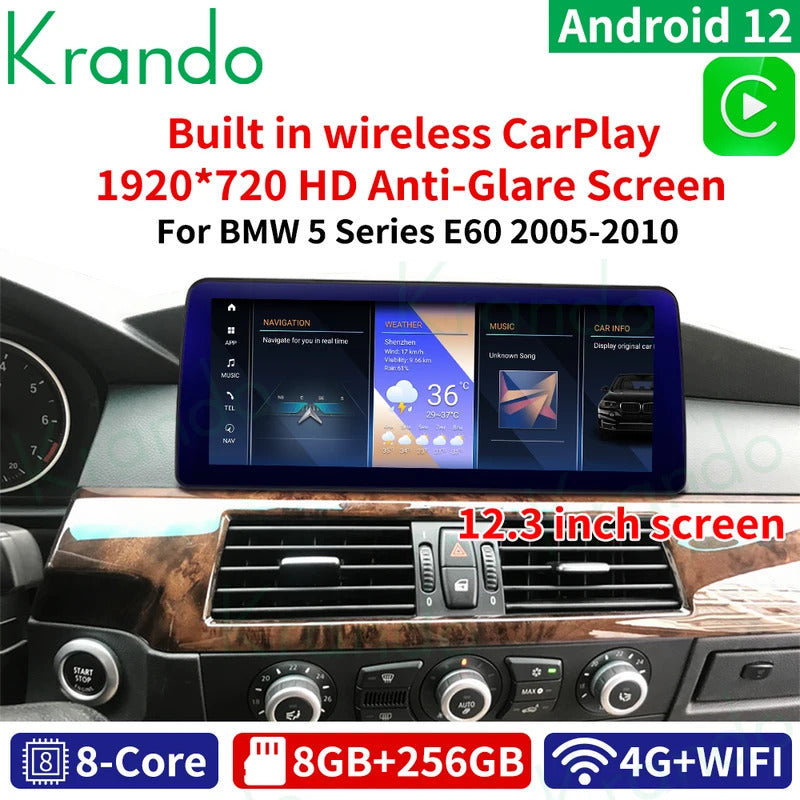 Krando 12.3'' Android Auto GPS Navigation Car Radio For BMW 5 Series E60 2005-2012 DVD Video Player Stereo Auto GPS Navigation