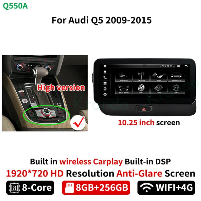 Krando 10.25'' Android Car Radio Gps stereo for Audi Q5 2009 - 2015 Navigation touch screen head unit multimedia system Wireless Carplay DSP 4G SIM qualcomm snapdragon