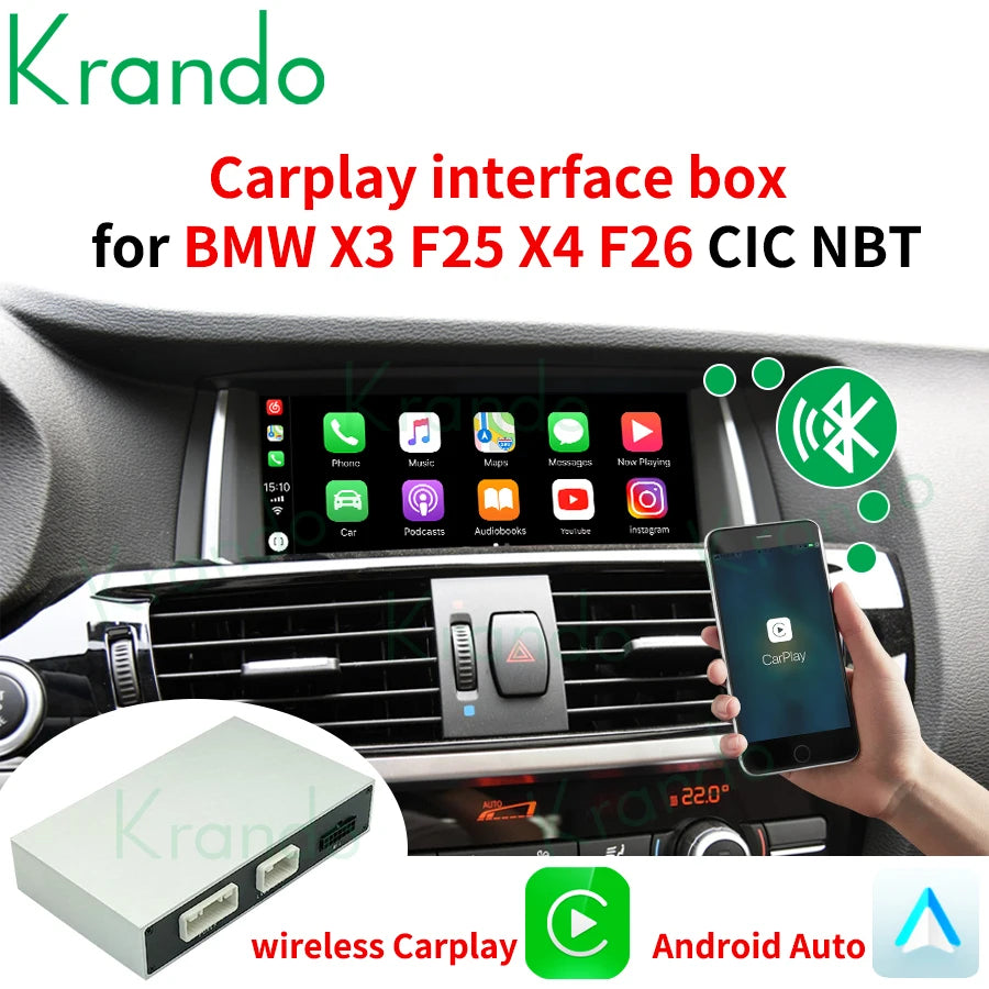 Krando Wireless Android Auto Apple CarPlay Interface module For BMW X3 F25 X4 F26 G01 G02 CIC NBT EVO 2011-2020 Siri bt camera active upgrade box