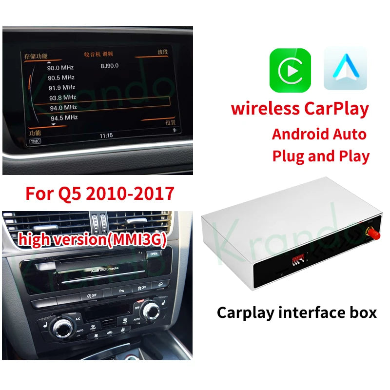 Krando Wireless Android Auto Apple CarPlay Interface For Audi Q5 Q5L SQ5 2009 - 2020 MMI 2G 3G RMC MIB Siri Control Module UPGRADE Box