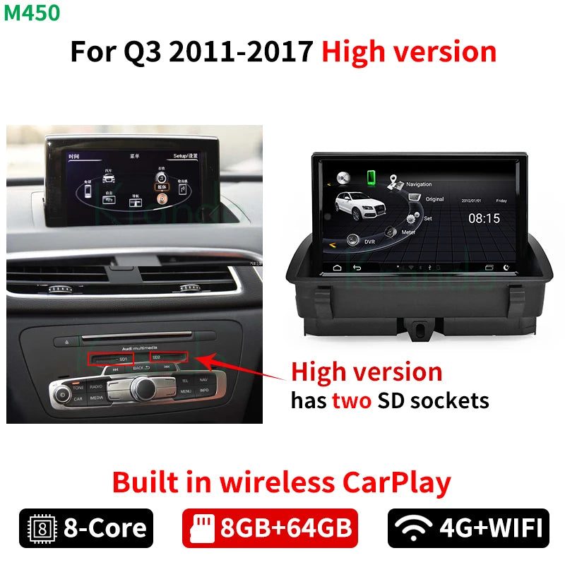 Krando 8'' Android 13  Stereo Navigation GPS Car Radio For Audi Q3 2011 - 2017 Wireless Carplay Multimedia Flip Touch Screen