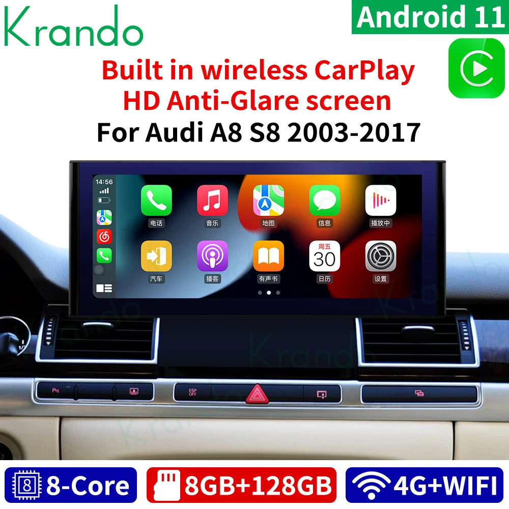 Krando 12.3'' Android car radio gps stereo For Audi A8 S8 D4 2010-2017 touch screen Navigation GPS multimedia Player system Wireless Carplay head unit