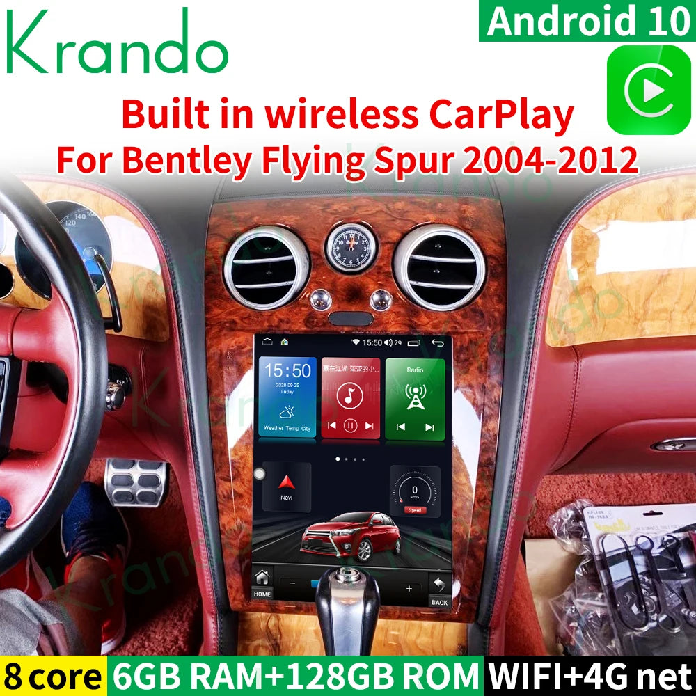 Krando 12.1" Tesla Style Vertical Screen android car radio gps stereo navigation system for Bentley Flying Spur 2004-2012 Head Unit multimedia System carplay android auto 4g sim card