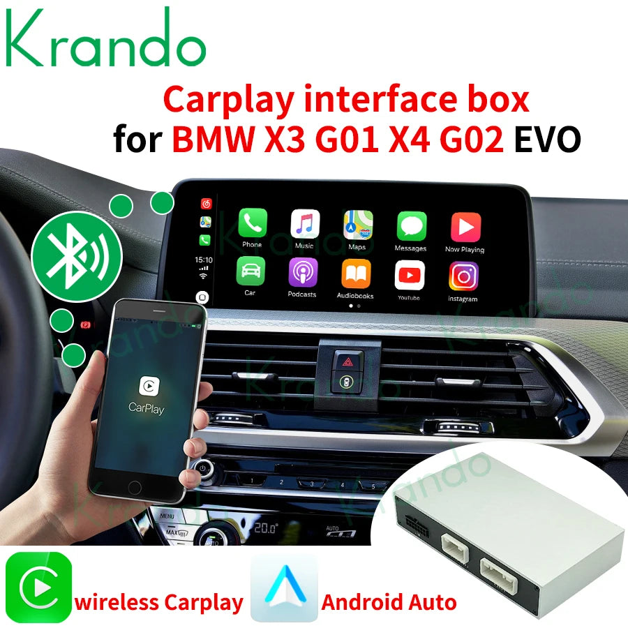 Krando Wireless Android Auto Apple CarPlay Interface module For BMW X3 F25 X4 F26 G01 G02 CIC NBT EVO 2011-2020 Siri bt camera active upgrade box