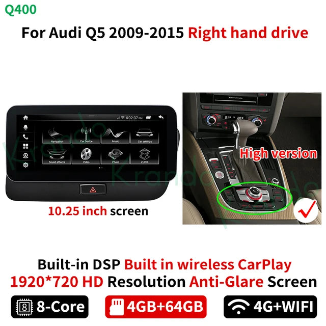 Krando 10.25'' Android Car Radio Gps stereo for Audi Q5 2009 - 2015 Navigation touch screen head unit multimedia system Wireless Carplay DSP 4G SIM qualcomm snapdragon