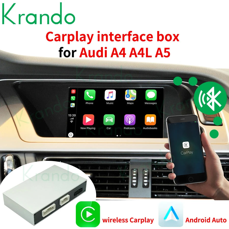 Krando Wireless android auto apple CarPlay interface Module For Audi A4 A4L A5 S4 B8 B9 2009 - 2020 MMI 3G 2G rear camera upgrade box