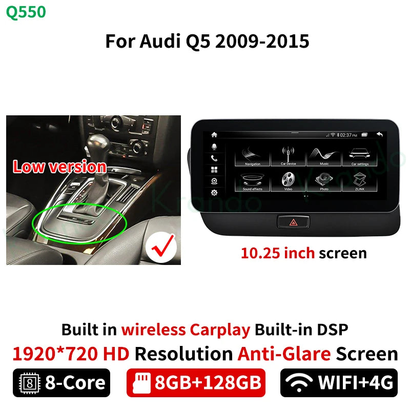 Krando 10.25'' Android Car Radio Gps stereo for Audi Q5 2009 - 2015 Navigation touch screen head unit multimedia system Wireless Carplay DSP 4G SIM qualcomm snapdragon