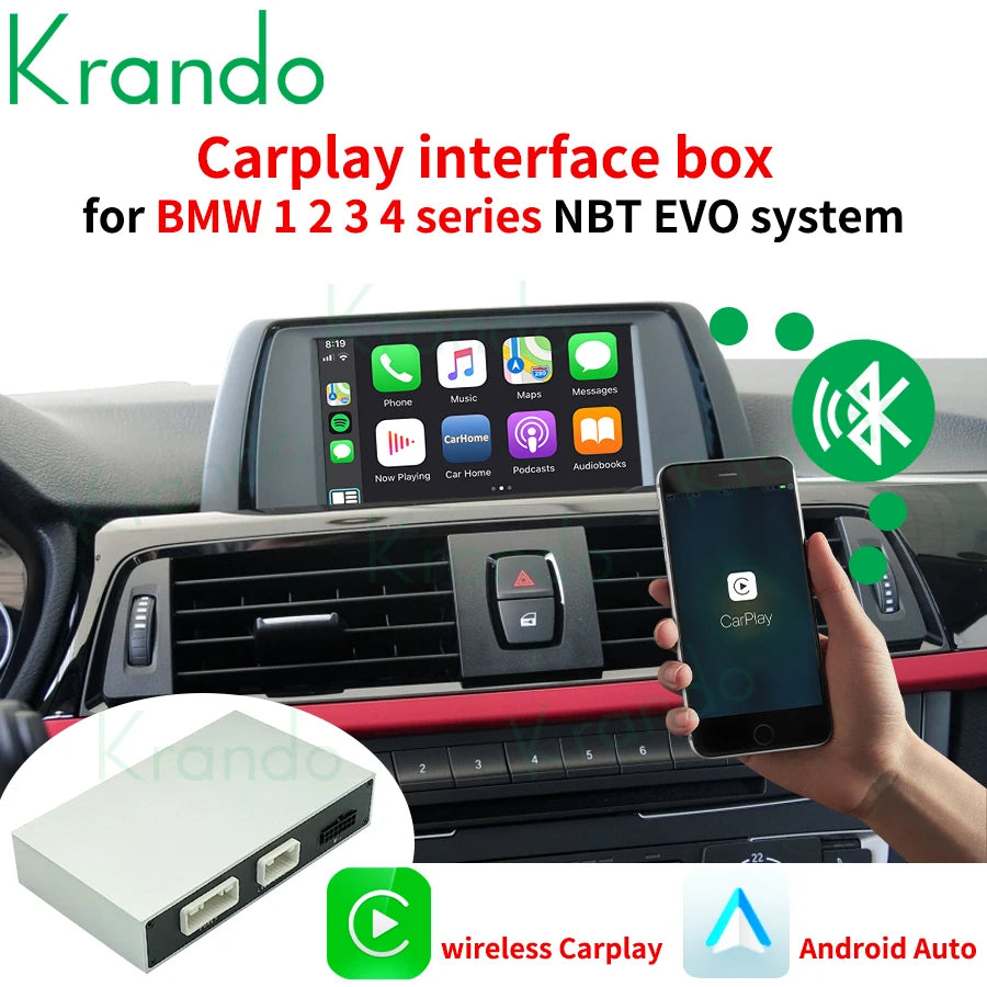 Krando Wireless android auto Apple CarPlay Interface module For BMW 1 Series F20 E87 2 Series F22 3 Series F30 4 Series F32 F36 NBT EVO upgrade box