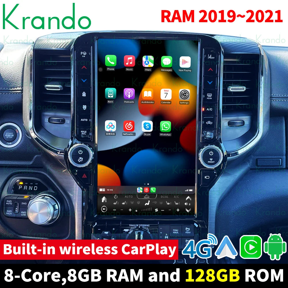 Krando 13.6" android verticial screen multimedia player for dodge ram 2019 2020 2021 car radio gps stereo navigation system carplay head unit android auto 4g sim