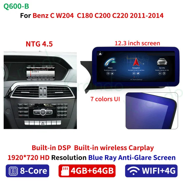 Krando Android 12.3'' car head unit For Mercedes Benz C W204 W205 GLC-X25 V W446 2008 - 2018 radio gps navigation multimedia system autoradio carplay android auto 4g sim card