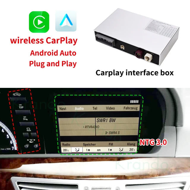 Krando Wireless Android Auto Apple CarPlay Interface module For Mercedes Benz S Class W221 2005 - 2013 NTG 3.0 3.5 Siri Control camera active upgrade box