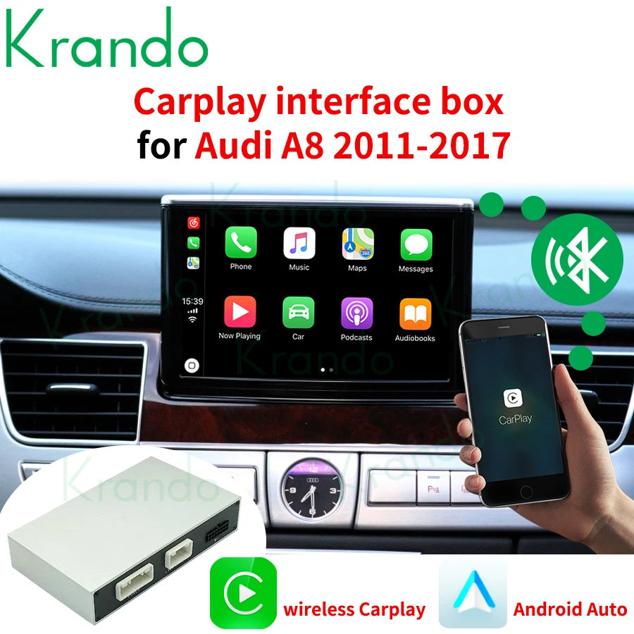 Krando Android Auto Wireless CarPlay Interface module Box For Audi A8 2010 - 2017 MMI 3G Upgrade BT Siri Control camera active