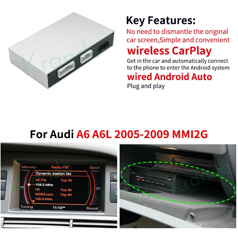 Krando Wireless ANDROID AUTO Apple CarPlay Interface MODULE Box For Audi A6 A6L A7 A7L 2005 - 2020 MMI 3G RMC MHI2 Siri Control UPGRADE BOX