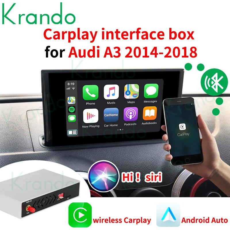 Krando Upgrade Wireless android auto Apple CarPlay Interface Module For Audi A3 2014 - 2018 MIB BT Siri Control Reverse Camera upgrade Box