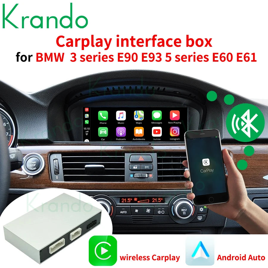 Krando Android Auto Wireless APPLE CarPlay Interface module For BMW 3 5 Series E60 E61 E63 E64 E90 E91 E92 CIC siri bt camera active upgrade box