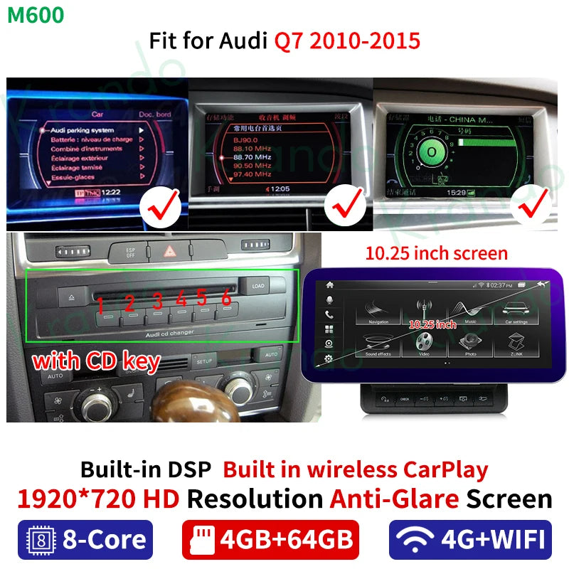 Krando 10.25" android car radio gps stereo for Audi Q7 2005 - 2015 Autoradio Navigation multimedia head unit carplay android auto 4g sim card