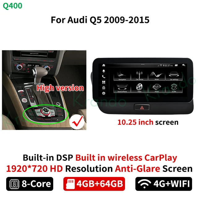 Krando 10.25'' Android Car Radio Gps stereo for Audi Q5 2009 - 2015 Navigation touch screen head unit multimedia system Wireless Carplay DSP 4G SIM qualcomm snapdragon