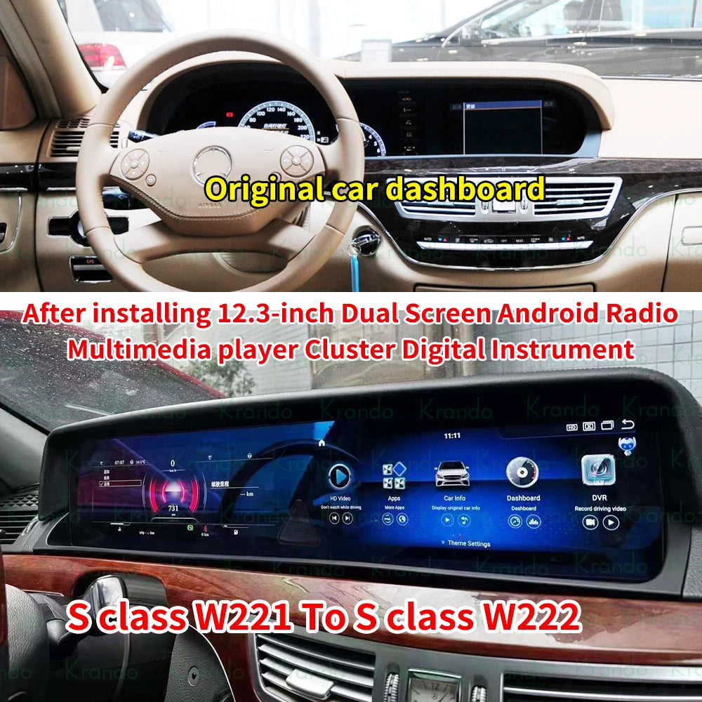 Krando 24.6" dual screen android car radio head unit for mercedes benz s class w221 2005-2013 navigation multimedia system upgrade to w222 2016-2019