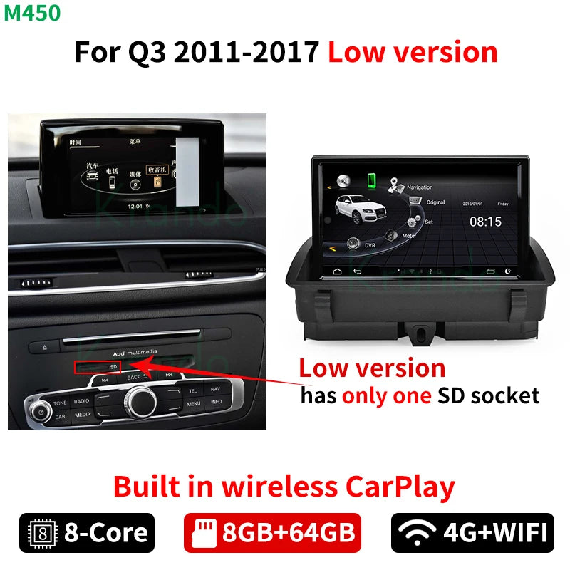 Krando 8'' Android 13  Stereo Navigation GPS Car Radio For Audi Q3 2011 - 2017 Wireless Carplay Multimedia Flip Touch Screen