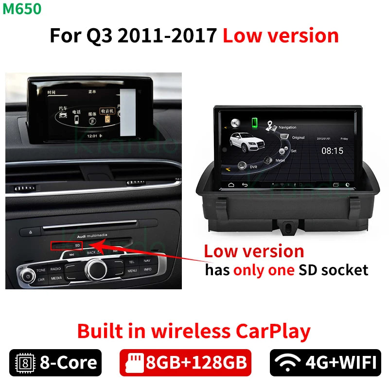 Krando 8'' Android 13  Stereo Navigation GPS Car Radio For Audi Q3 2011 - 2017 Wireless Carplay Multimedia Flip Touch Screen