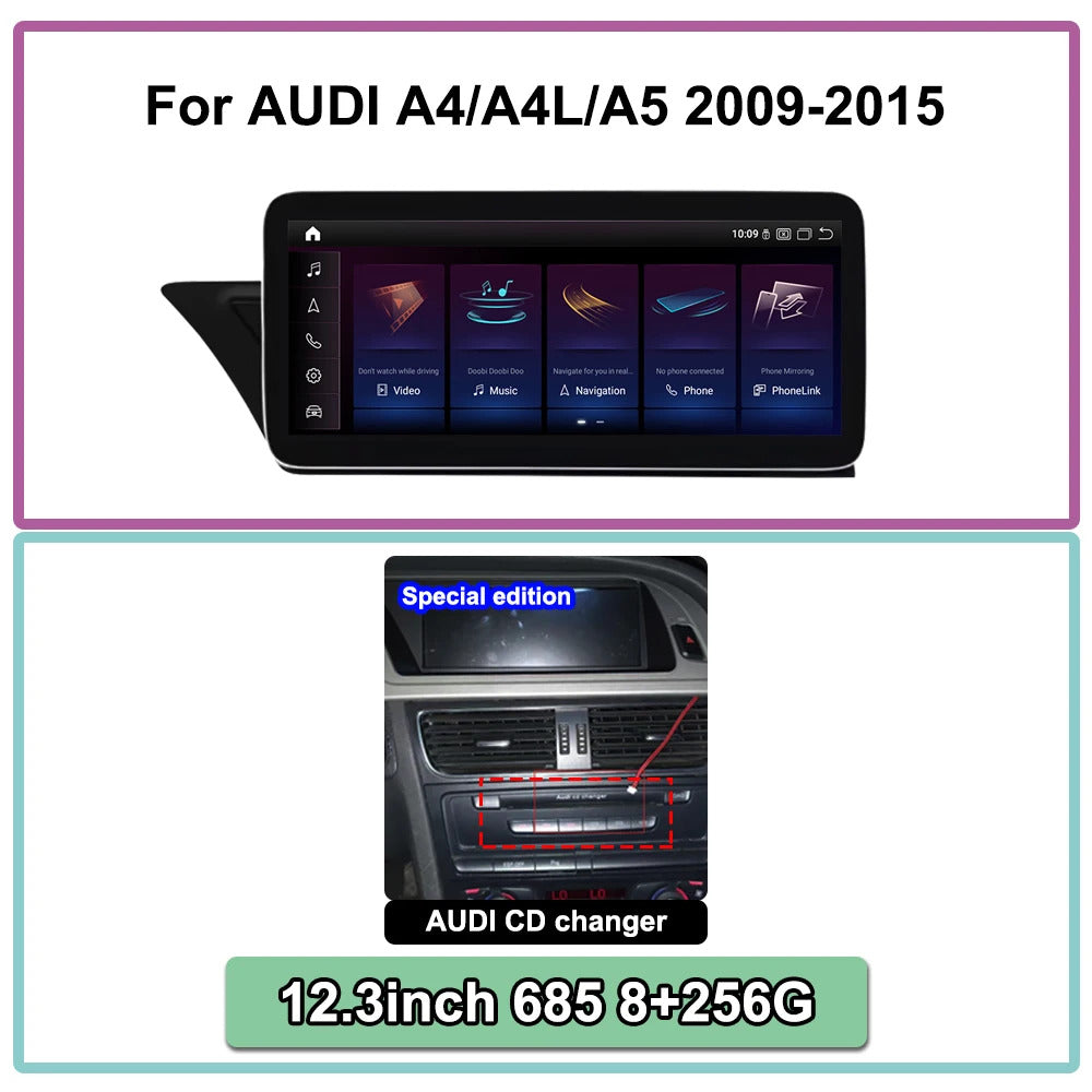 Krando 12.3 inch Auto Stereo Autoradio CarPlay Bluetooth For AUDI A4/A4L/A5 2009-2015  Car Radio Multimedia Player WIFI